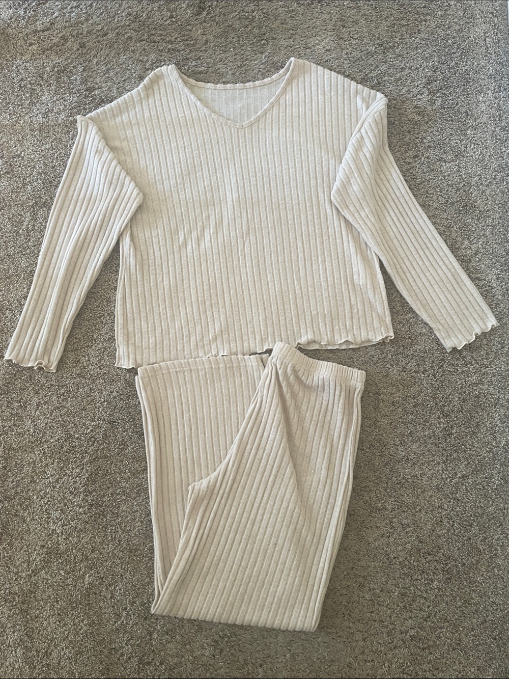 Ribbed Knit Lounge Set in Light Beige (Large)